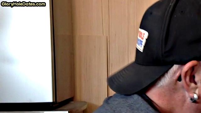 Gloryhole DILF sucks neighbor cock in closeup