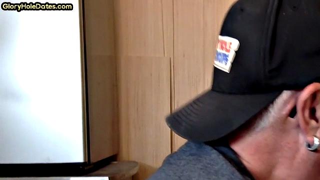 Gloryhole DILF sucks neighbor cock in closeup