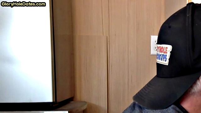 Gloryhole DILF sucks neighbor cock in closeup