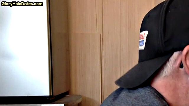 Gloryhole DILF sucks neighbor cock in closeup