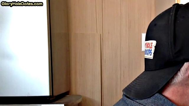 Gloryhole DILF sucks neighbor cock in closeup