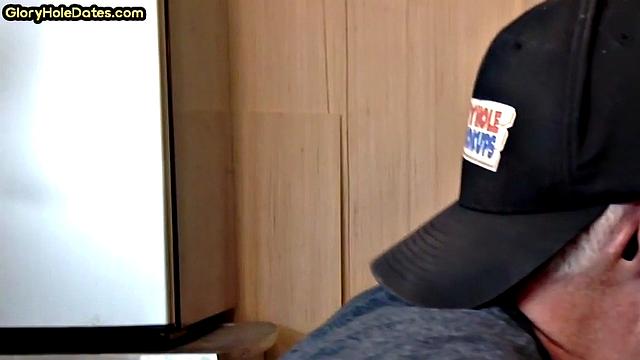 Gloryhole DILF sucks neighbor cock in closeup