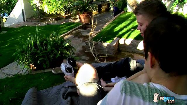 Micah Andrews and Dustin Fitch go wild with intense gay foot worship