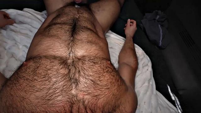 Hairy picked-up hunk fucks gay ass in public van outdoors
