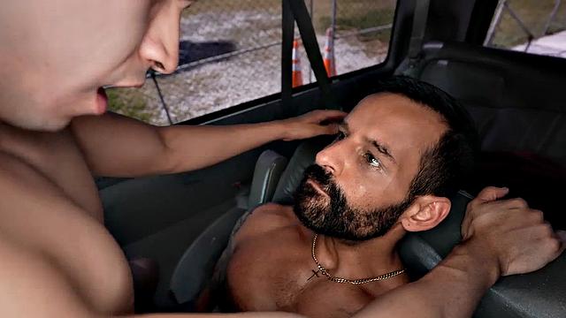 Fooled amateur jock fucks gay stud in outdoor van