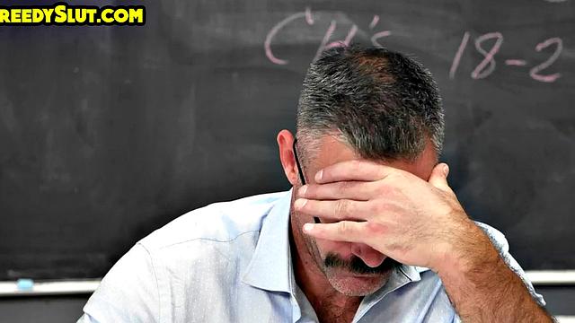 Greedy college babe deepthroating teacher in the classroom