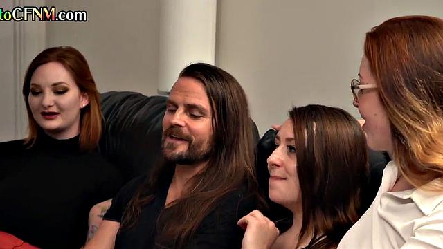 CFNM femdom British babes give group blowjob at home