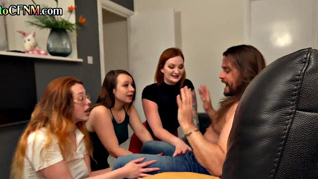 CFNM femdom British babes give group blowjob at home