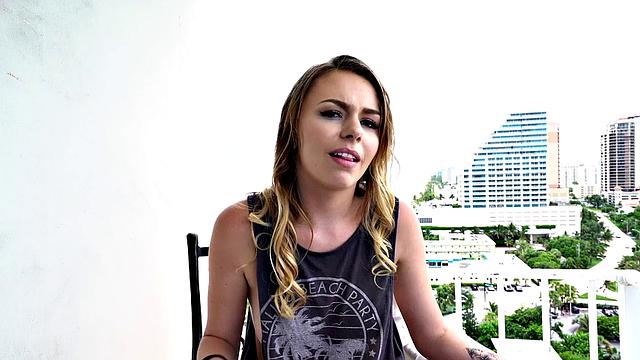 18yo cutie in stockings gets her first doggy-style and cowgirl with a balcony twist