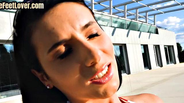 Sensual foot model anally drilled outdoors until cum on feet