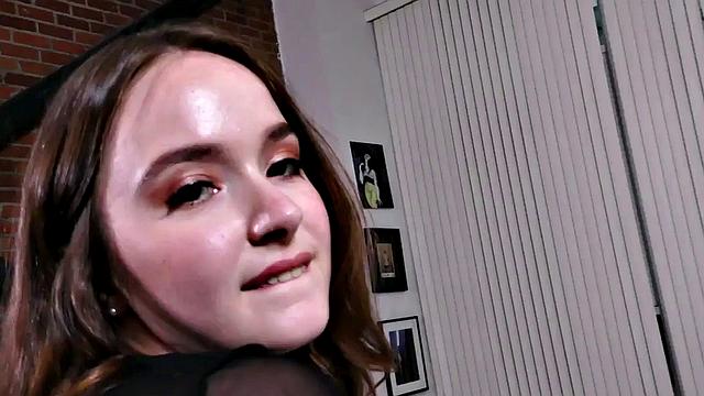 Brunette teenie jerks dick in POV after fingering her pussy