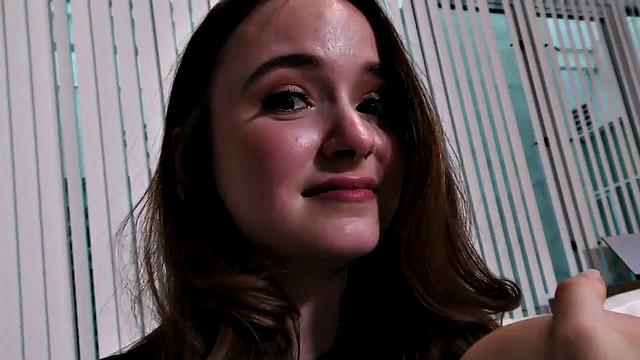 Brunette teenie jerks dick in POV after fingering her pussy