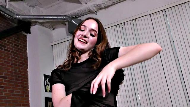 Brunette teenie jerks dick in POV after fingering her pussy