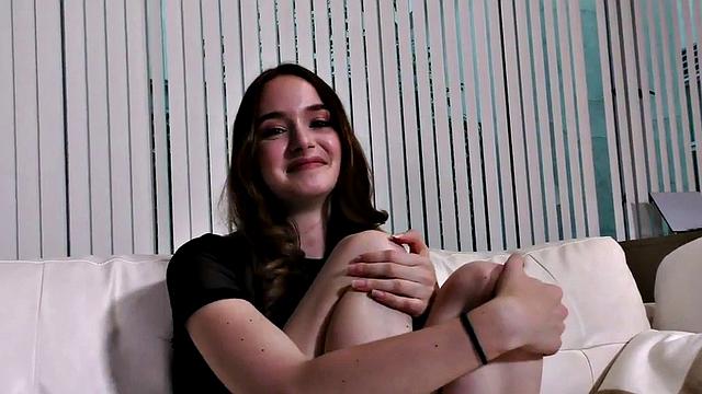 Brunette teenie jerks dick in POV after fingering her pussy