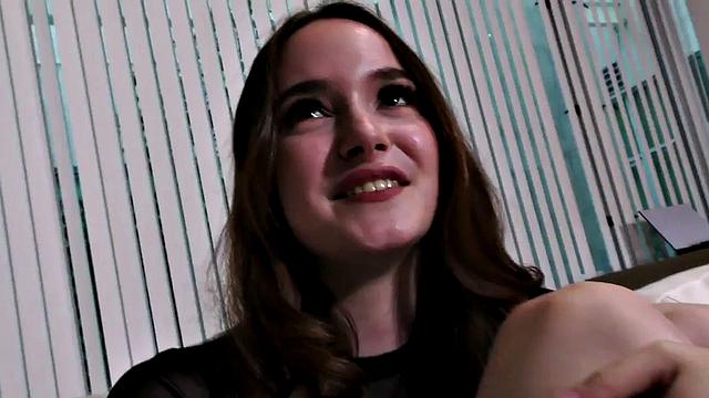 Brunette teenie jerks dick in POV after fingering her pussy