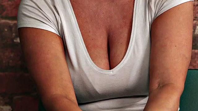 Curvy British voyeur in lingerie watching wanker