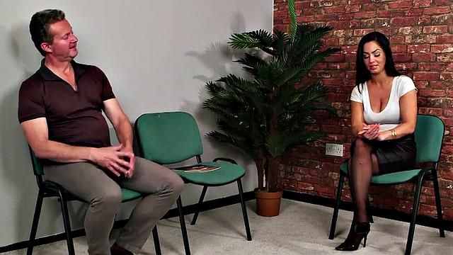 Curvy British voyeur in lingerie watching wanker