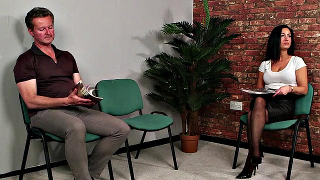 Curvy British voyeur in lingerie watching wanker