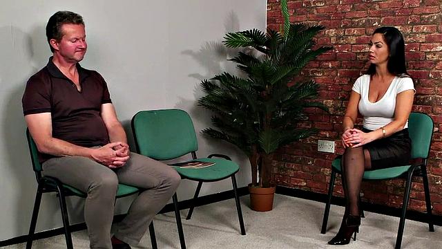 Curvy British voyeur in lingerie watching wanker