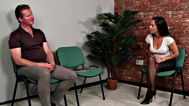 Curvy British voyeur in lingerie watching wanker