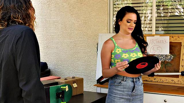 Hot brunette Alice Visby goes to yard sale and ends up getting railed by man