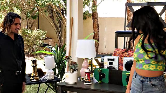 Hot brunette Alice Visby goes to yard sale and ends up getting railed by man