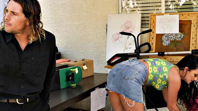 Hot brunette Alice Visby goes to yard sale and ends up getting railed by man