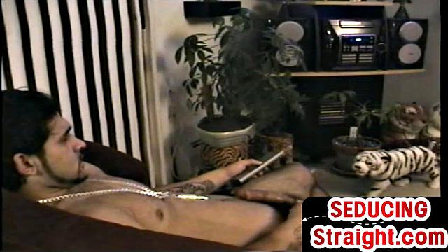 Hairy str8 guy with tattoos sucked by gay at home