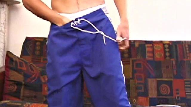 Stripped to boxer briefs, Chaz rubs vibrating dildo over growing bulge