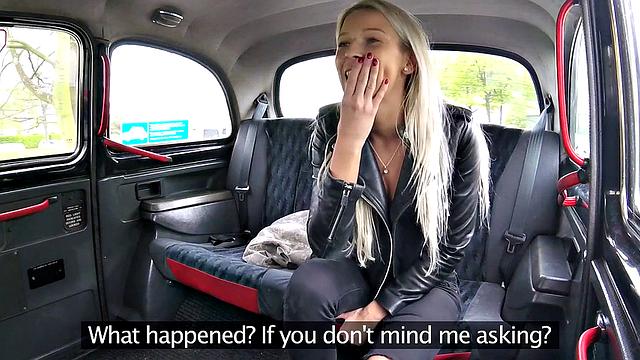 Blonde with bald pussy in jeans and shorts stretches her shaved pussy with a thick cock