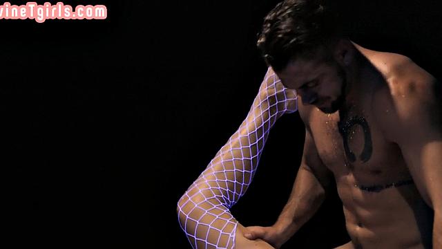 Neon Tranny babe in fishnet pantyhose by BFs cock