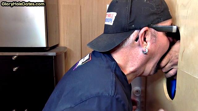 Gloryhole DILF takes cock deep in his greedy mouth