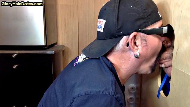 Gloryhole DILF takes cock deep in his greedy mouth