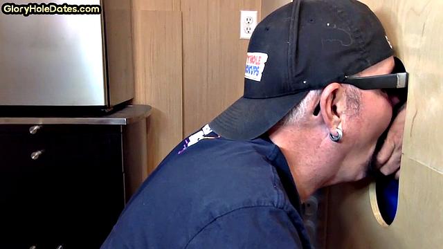 Gloryhole DILF takes cock deep in his greedy mouth