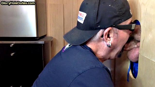 Gloryhole DILF takes cock deep in his greedy mouth