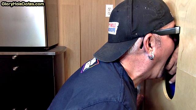 Gloryhole DILF takes cock deep in his greedy mouth