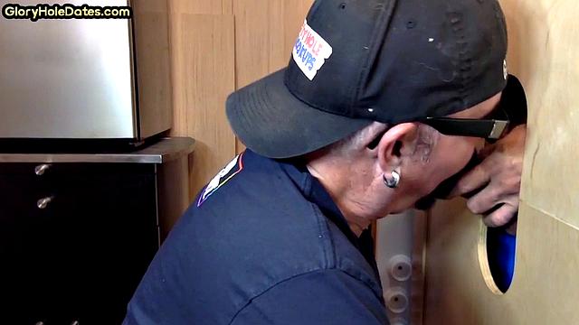 Gloryhole DILF takes cock deep in his greedy mouth