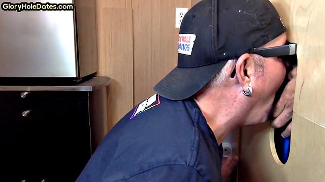 Gloryhole DILF takes cock deep in his greedy mouth