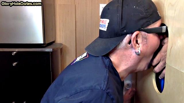 Gloryhole DILF takes cock deep in his greedy mouth