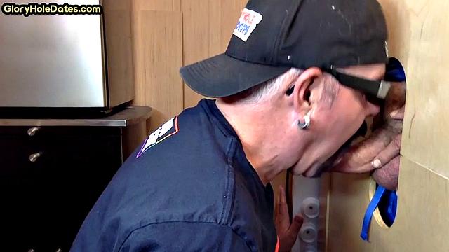 Gloryhole DILF takes cock deep in his greedy mouth