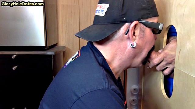 Gloryhole DILF takes cock deep in his greedy mouth