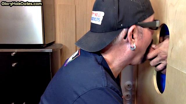 Gloryhole DILF takes cock deep in his greedy mouth