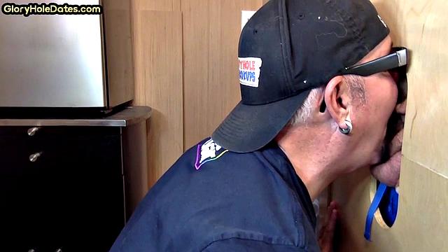 Gloryhole DILF takes cock deep in his greedy mouth