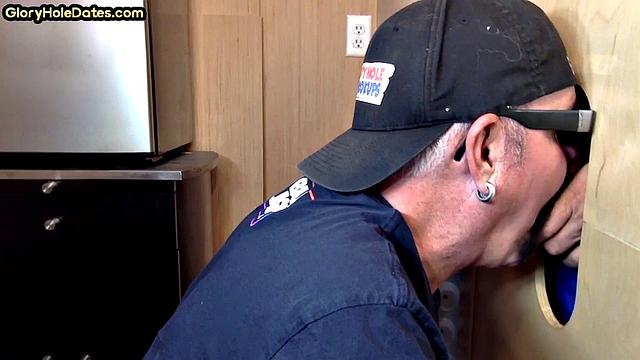 Gloryhole DILF takes cock deep in his greedy mouth