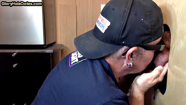 Gloryhole DILF takes cock deep in his greedy mouth