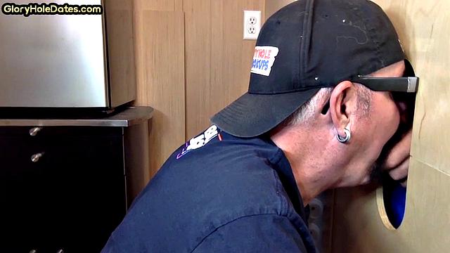 Gloryhole DILF takes cock deep in his greedy mouth