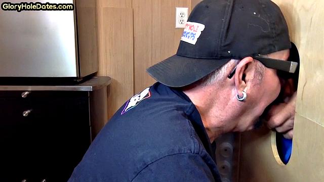 Gloryhole DILF takes cock deep in his greedy mouth