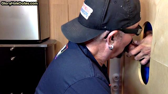 Gloryhole DILF takes cock deep in his greedy mouth