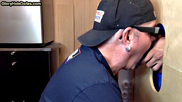 Gloryhole DILF takes cock deep in his greedy mouth