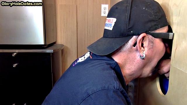 Gloryhole DILF takes cock deep in his greedy mouth